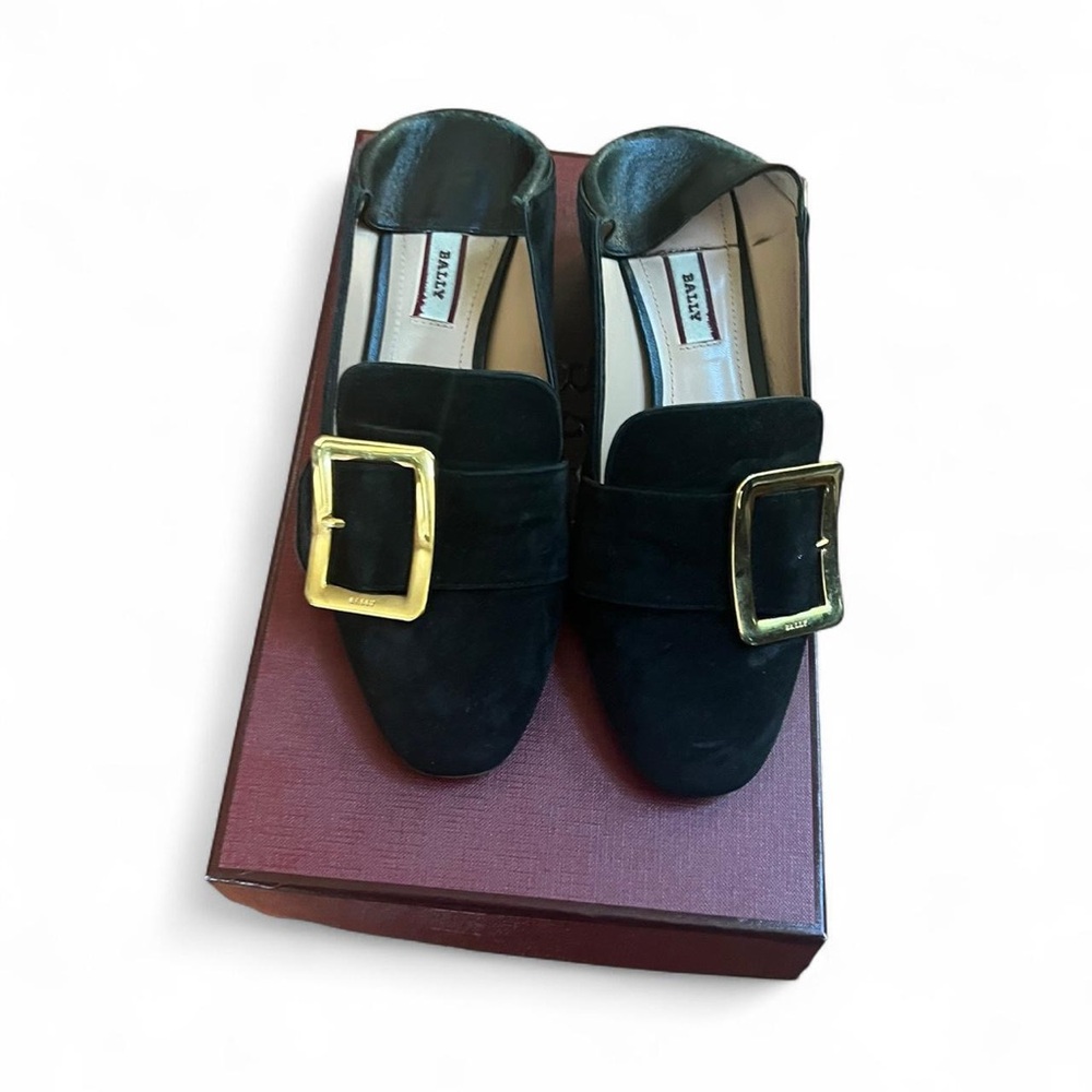 Bally Black Janelle Leather Buckle Mule Block Heels Pumps